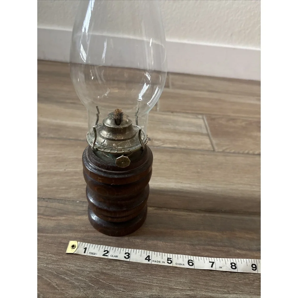 Vintage Wooden And Glass Oil Lamp and Chimney, Stands 14